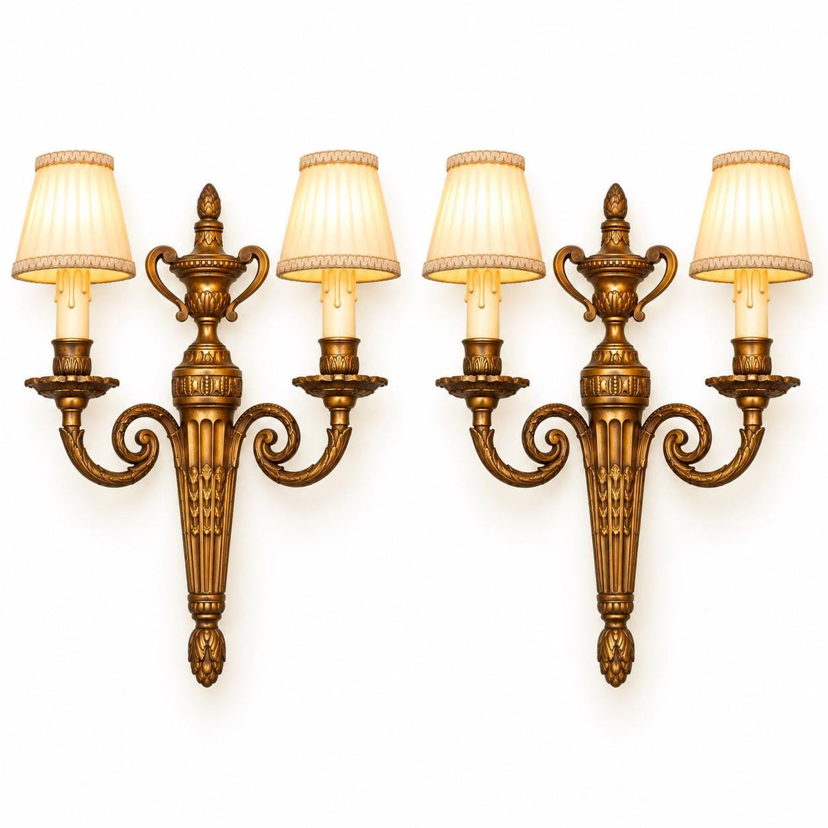 Vintage Pair of Louis XVI Style Bronze-Tone Two-Arm Wall Sconces with Urn Crest