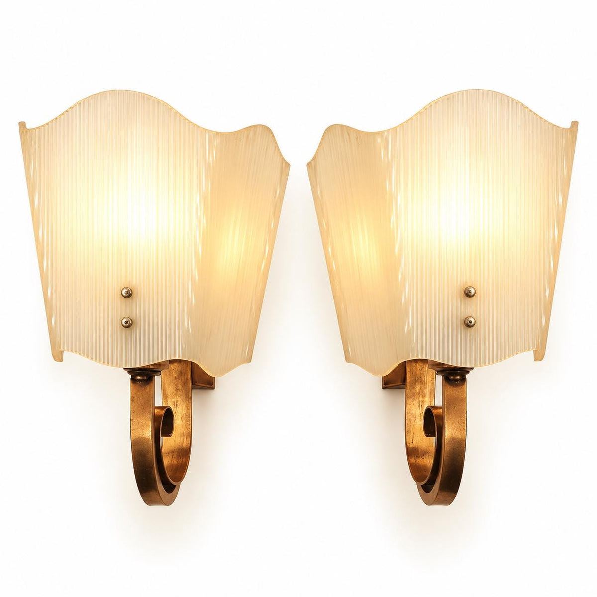 Vintage Pair of French Art Deco Copper-Tone Scroll Wall Sconces with White Ribbed Shades