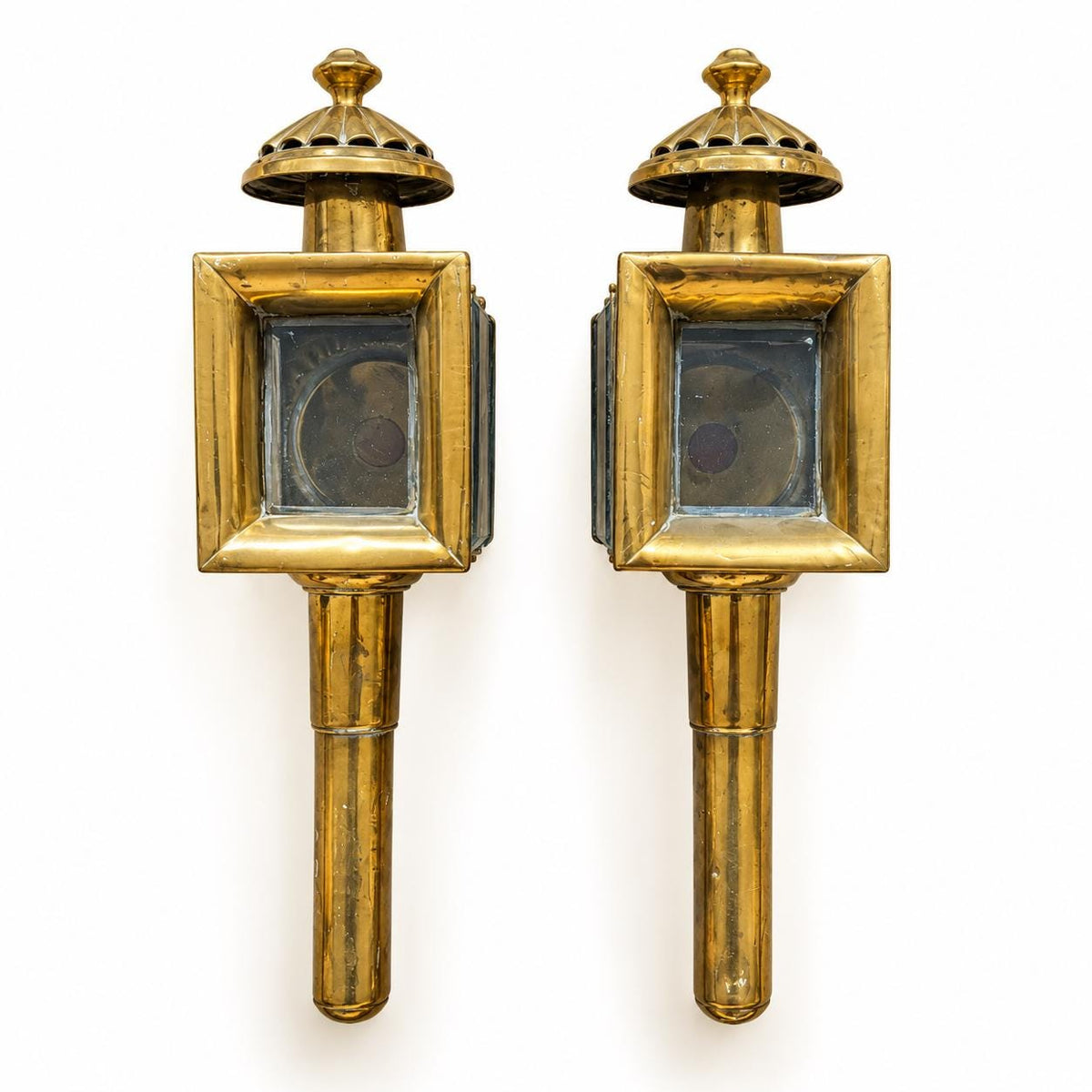 Pair of Brass-Tone Carriage Lanterns, Square Glass Boxes with Hinged Doors and Long Shafts, 48 cm