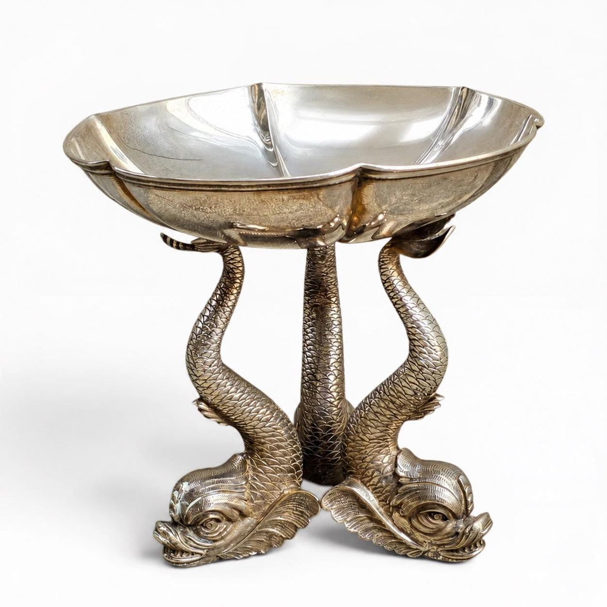 Vintage Dolphin Centerpiece Bowl, Silver-Tone Metal Fruit Stand on Three Sculptural Dolphins, Lobed Bowl, 24 cm