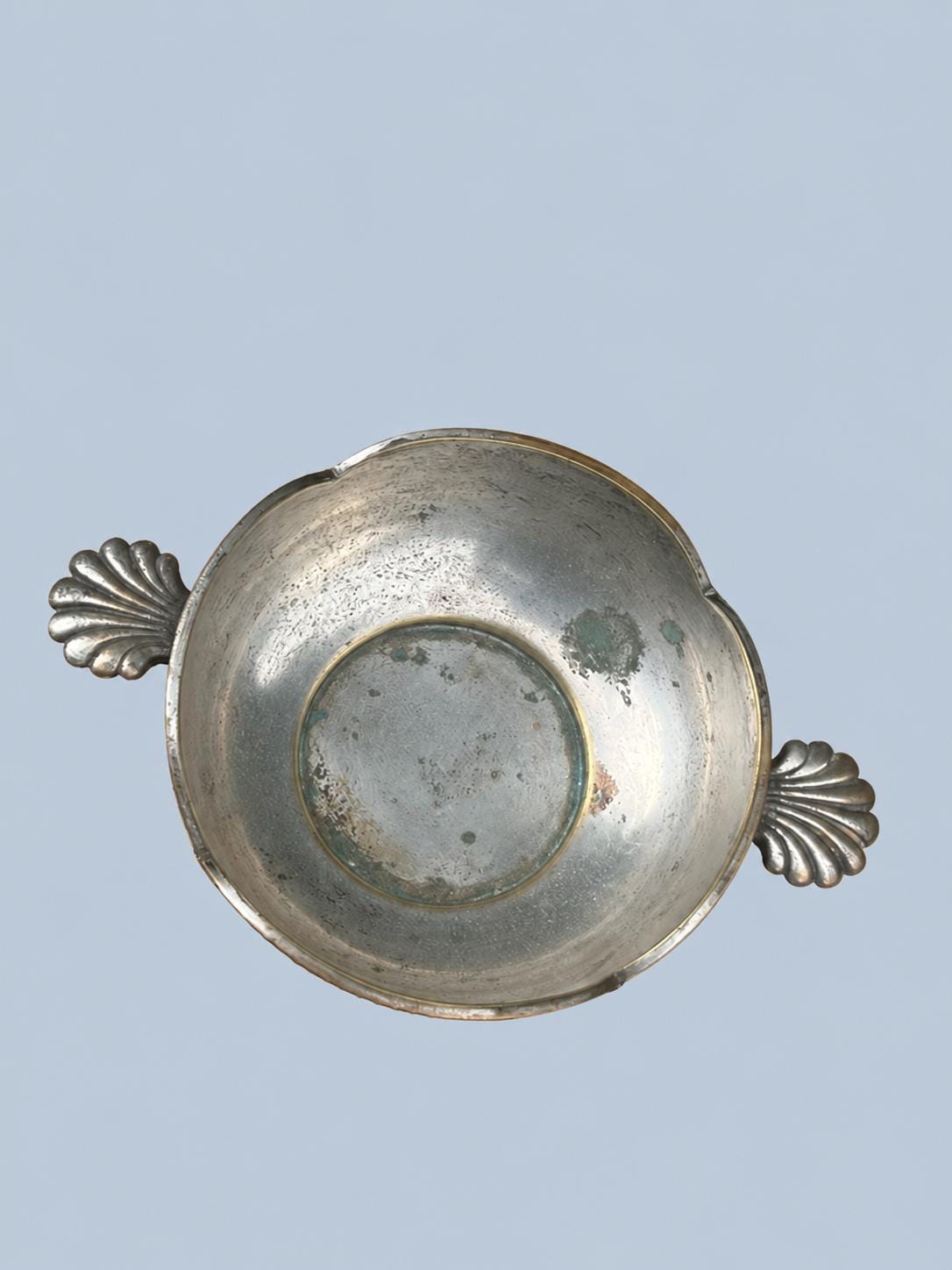 Vintage Small Lobed Dish with Shell Handles, Silver-Tone Metal Trinket Bowl with Gadrooned Border, 10.5 cm