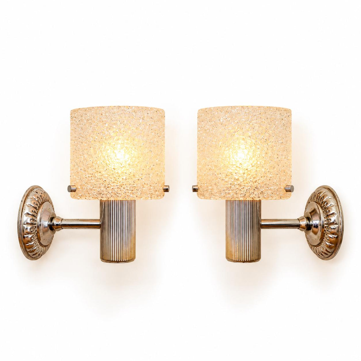 Vintage Pair of 1960s–70s French Silver-Tone Wall Sconces with Textured "Sugar" Acrylic Shades
