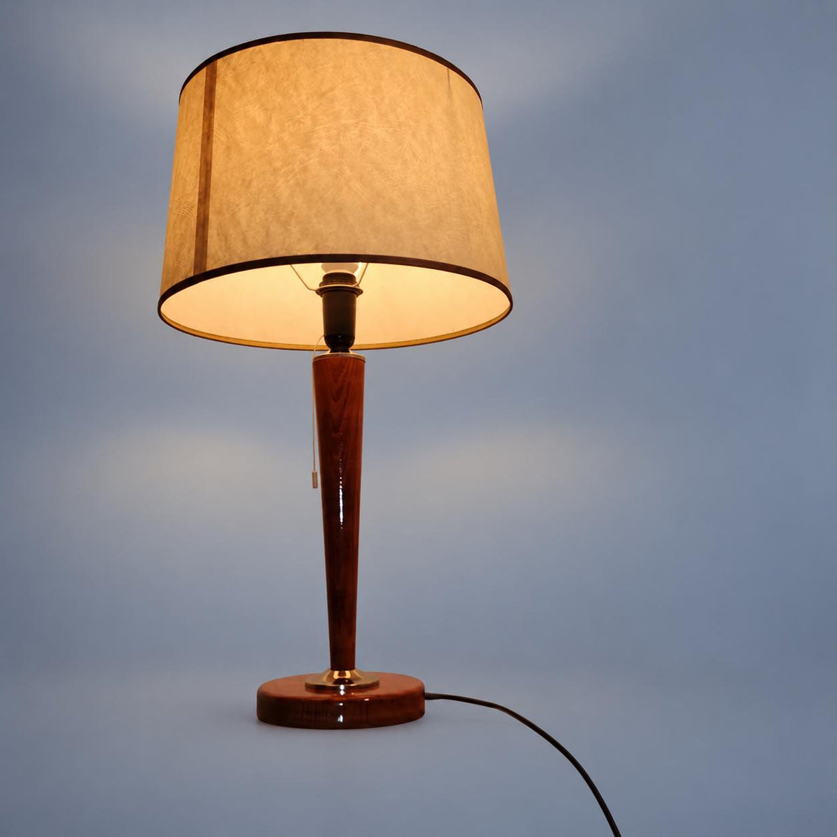 Vintage Large Table Lamp, Attributed 1960s–70s, Tapered Stained Beech Column with Chrome Details, Cream Drum Shade, 68 cm