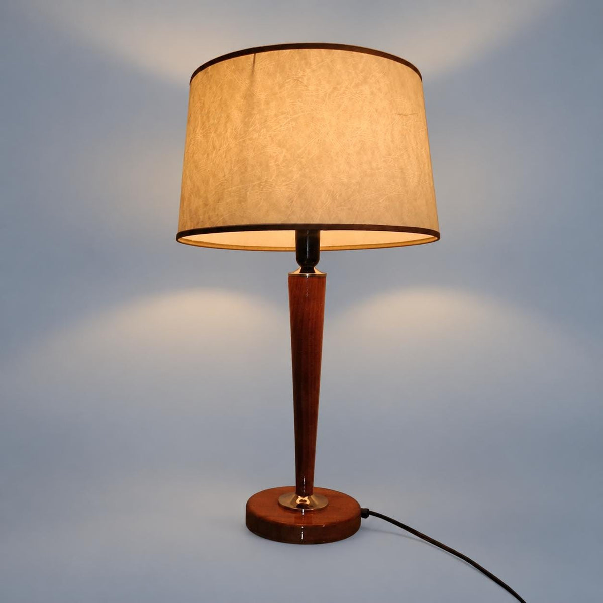 Vintage Large Table Lamp, Attributed 1960s–70s, Tapered Stained Beech Column with Chrome Details, Cream Drum Shade, 68 cm
