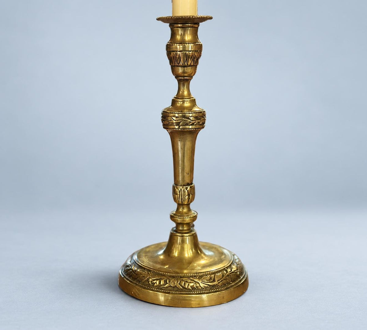 Vintage Pair of Louis XVI Style Brass Candlesticks with Oak Leaf and Beaded Friezes, Bobèches, 26.5 cm