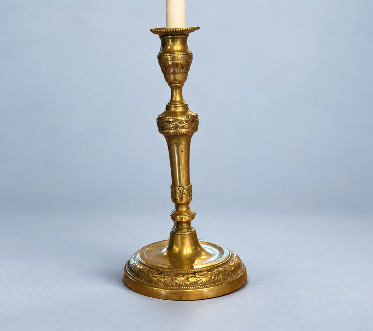 Vintage Pair of Louis XVI Style Brass Candlesticks with Oak Leaf and Beaded Friezes, Bobèches, 26.5 cm