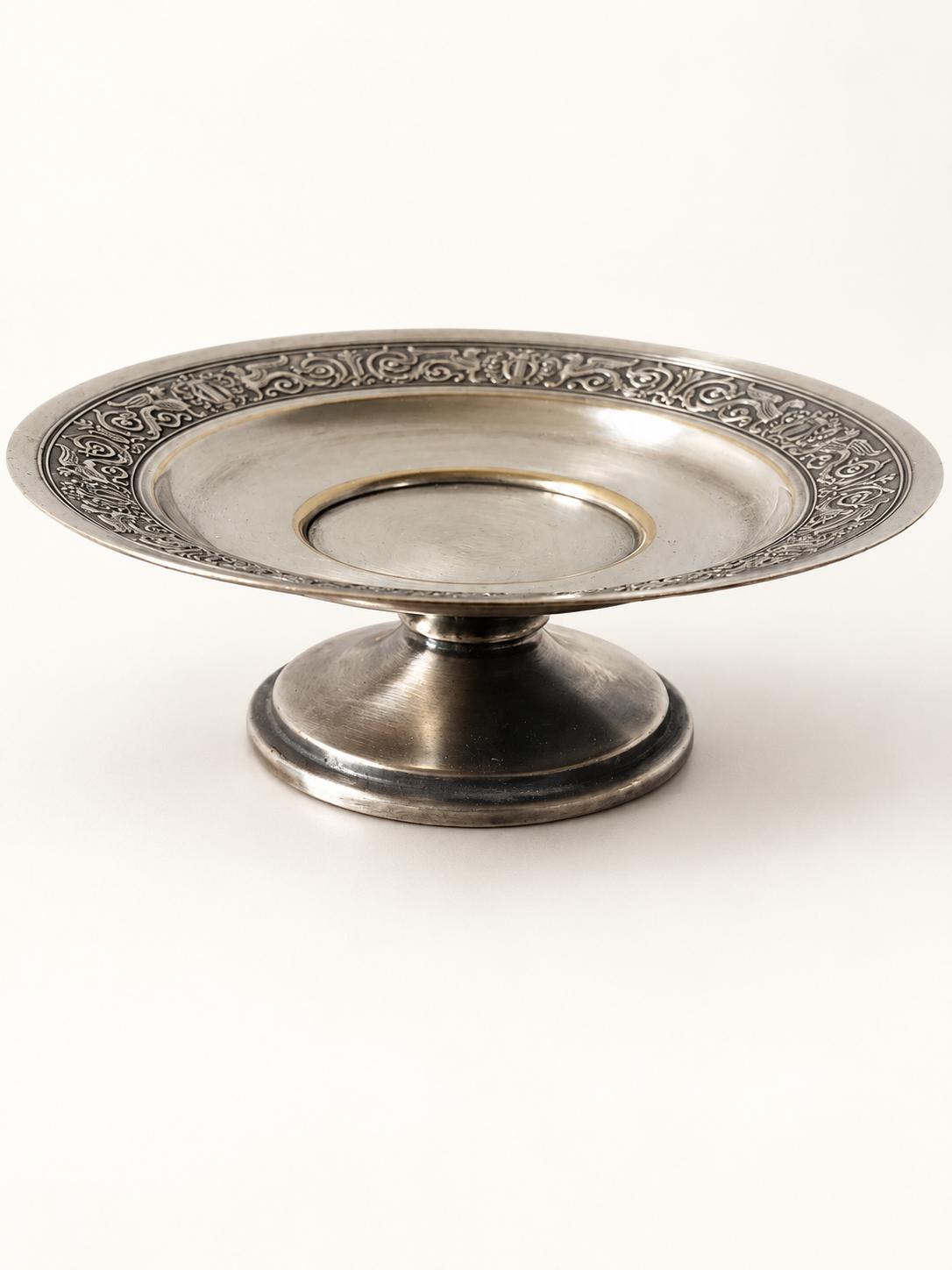 Vintage Empire Style Footed Dish with Griffin and Lyre Frieze, Silver-Tone Metal Pedestal Coupe, 15.5 cm
