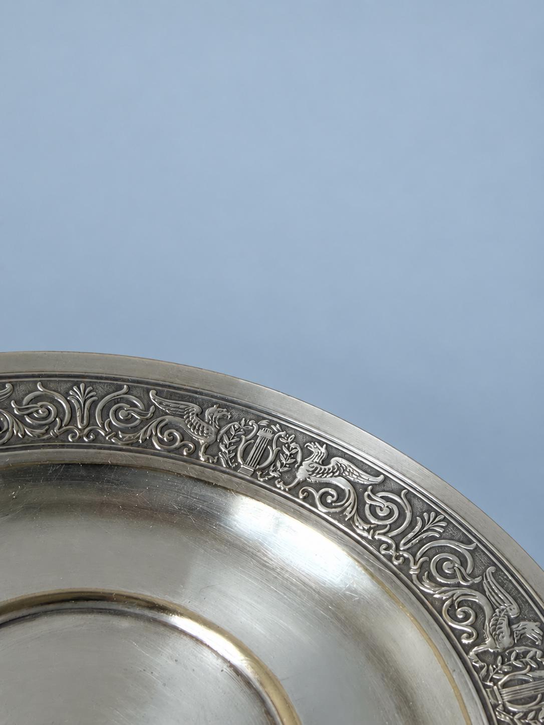 Vintage Empire Style Footed Dish with Griffin and Lyre Frieze, Silver-Tone Metal Pedestal Coupe, 15.5 cm