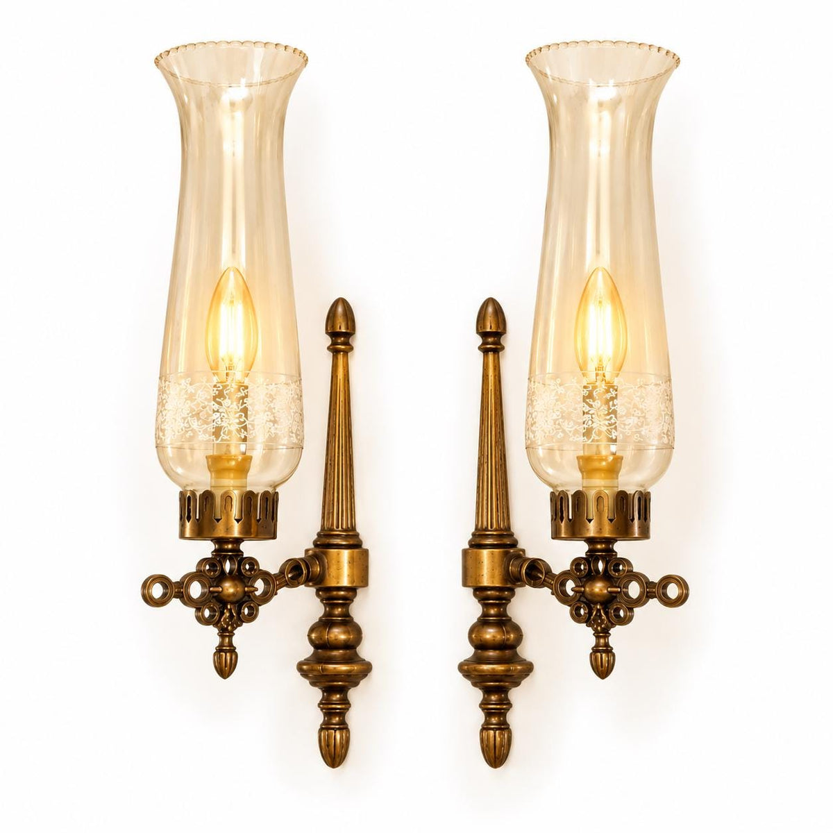 Vintage Pair of Brass-Tone Single-Arm Wall Sconces with Tall Iridescent Hurricane Glass Shades