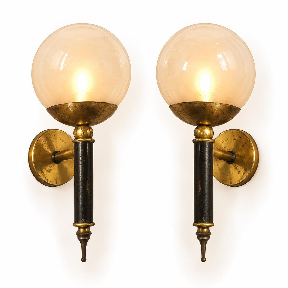 Vintage Pair of French Black and Brass-Tone Torch Wall Sconces with Glass Globes