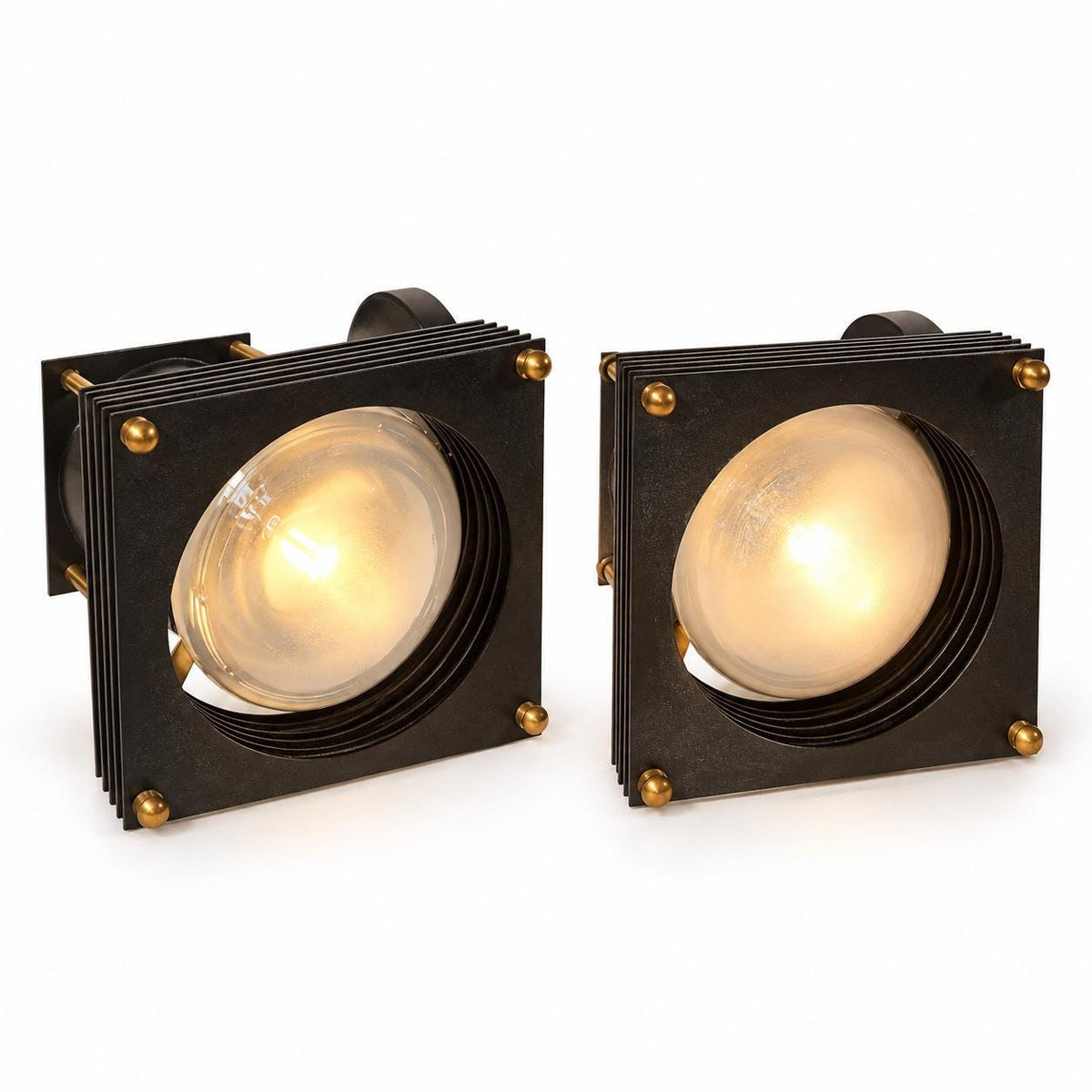 Vintage Pair of 1960s German Adjustable Black and Brass-Tone Wall Spotlights with Finned Square Heads