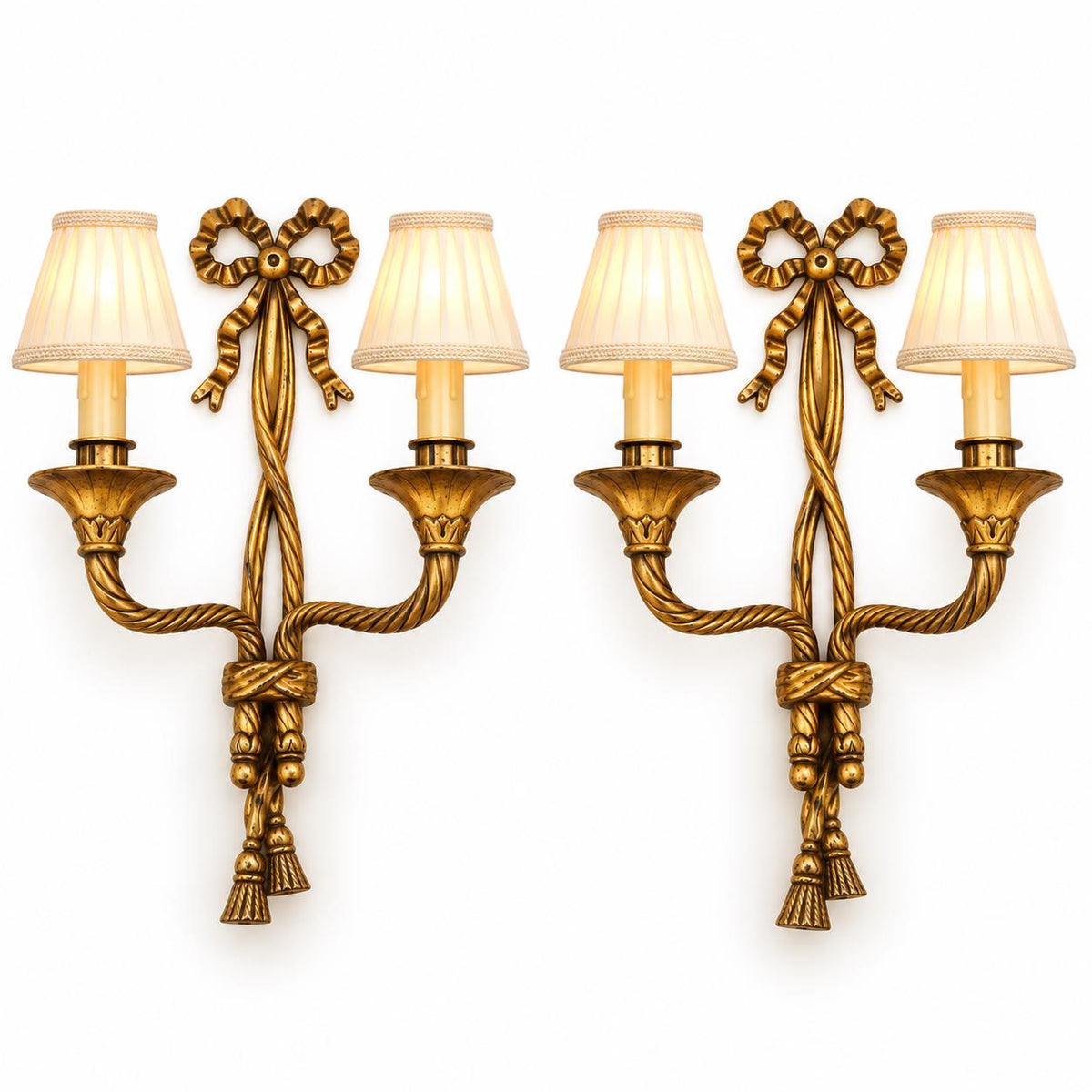 Single Louis XVI Style Two-Arm Wall Sconce, Gold-Tone Metal, Ribbon Bow, Rope-Fluted Arms and Tassels, 28 cm