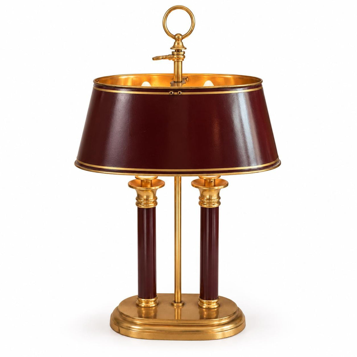 Vintage Empire Style Bouillotte Lamp, Burgundy Tole Shade and Brass, Two Lights, 57 cm