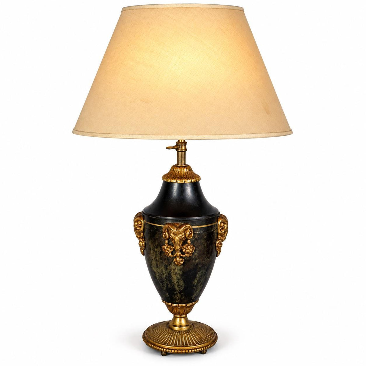 Antique French Adjustable Urn Table Lamp, Ram Head Mounts, Dark Patina, Cream Fabric Shade, Louis XVI Style