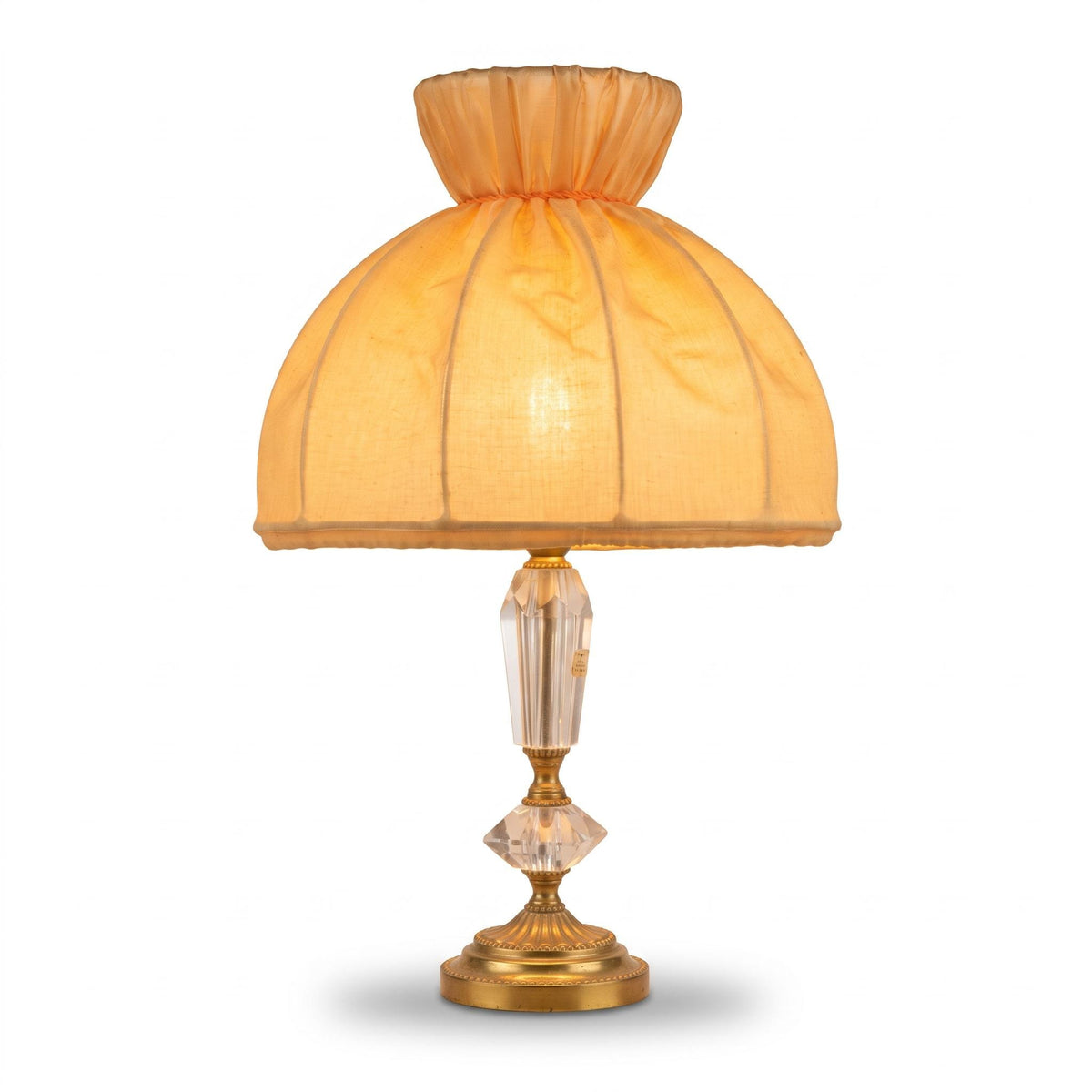 Vintage 1950s Louis XVI Style Cut Clear Glass and Gilt Metal Table Lamp with Gathered Fabric Shade