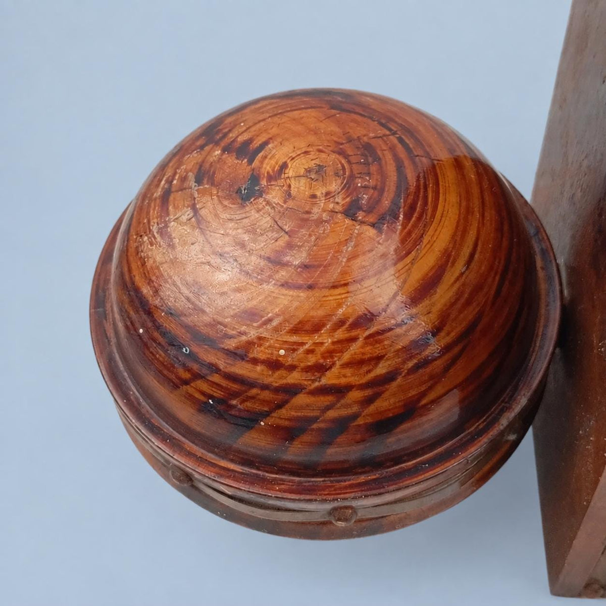 Vintage Pair of Turned Wood Bookends, Dome Form with Brass-Tone Studded Bands, Rustic Library Decor