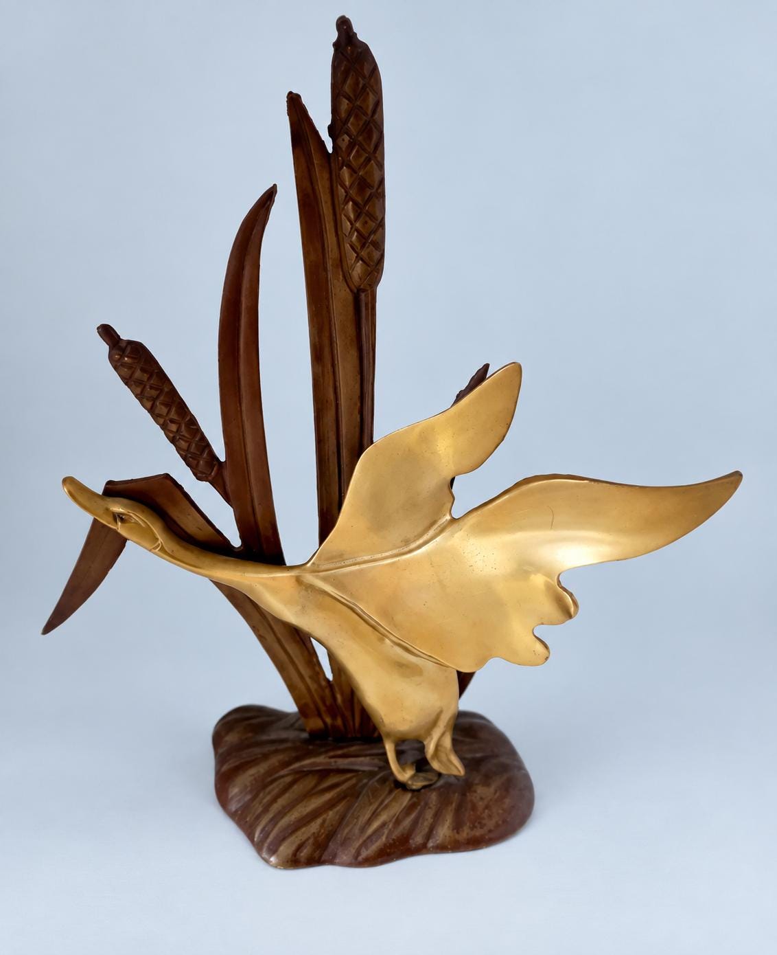 Vintage Two-Tone Brass-Tone Flying Duck Sculpture Among Cattails