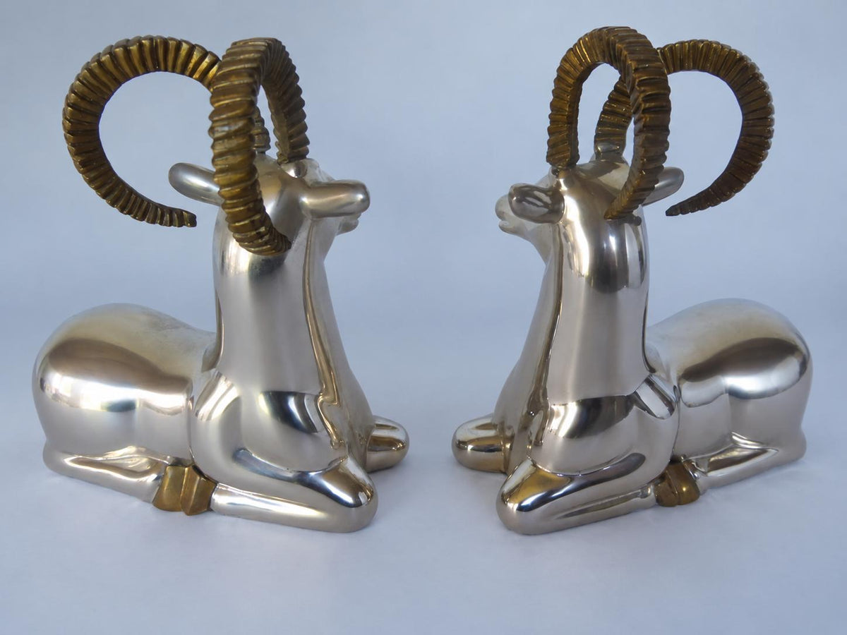 Vintage 1970s Pair of Silver-Tone Recumbent Ibex Sculptures with Gold-Tone Horns