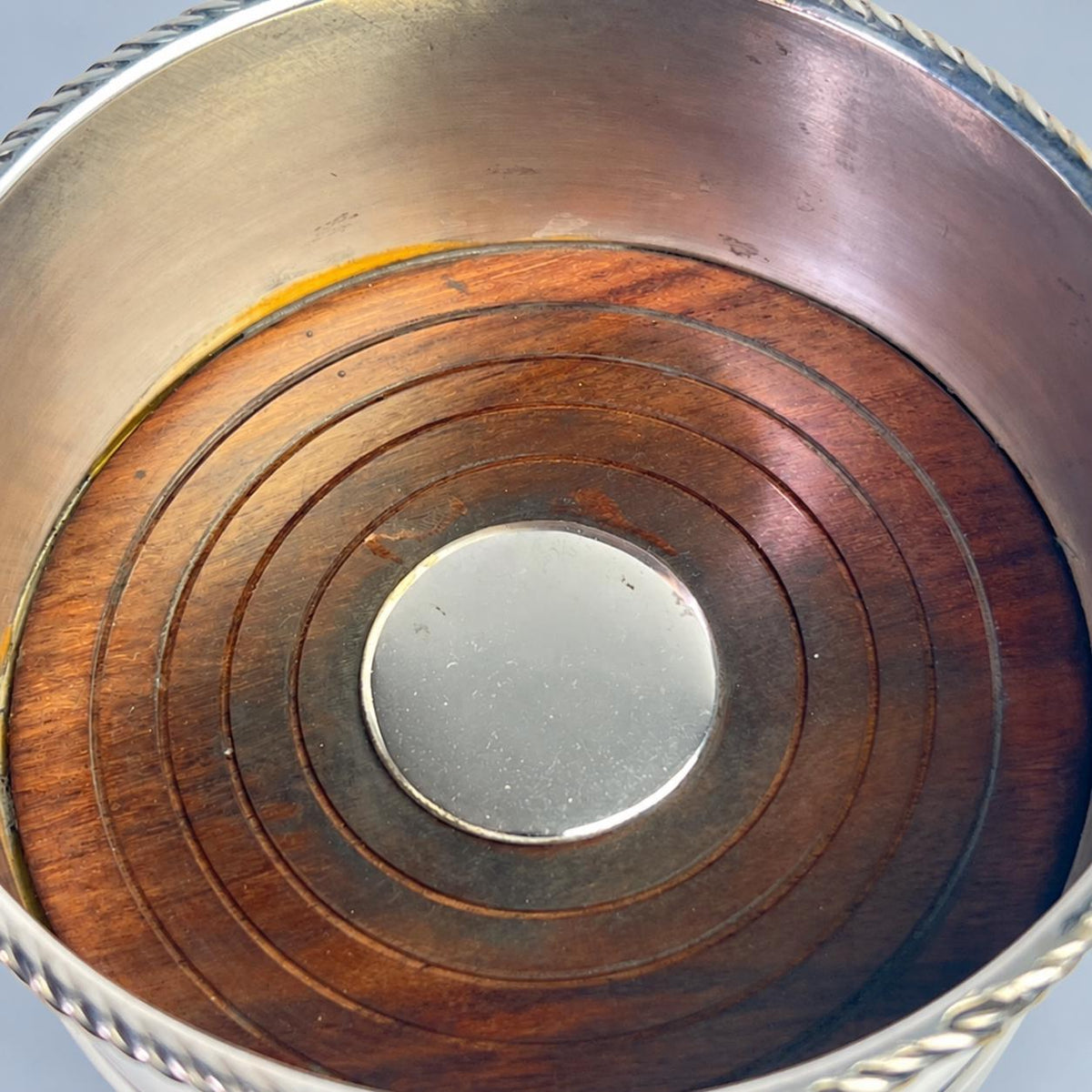 Vintage Silver-Tone Wine Bottle Coaster with Rope-Twist Rim and Wooden Base