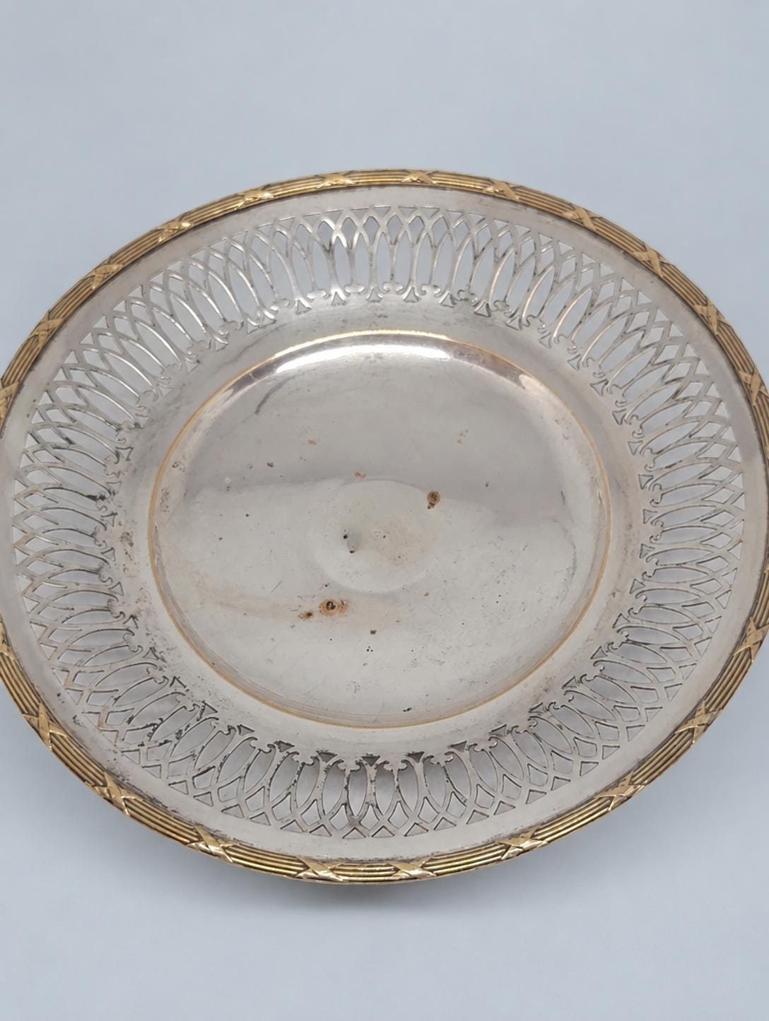 Vintage Louis XVI Style Silver-Tone Footed Dish with Pierced Border and Gold-Tone Ribbon Bands