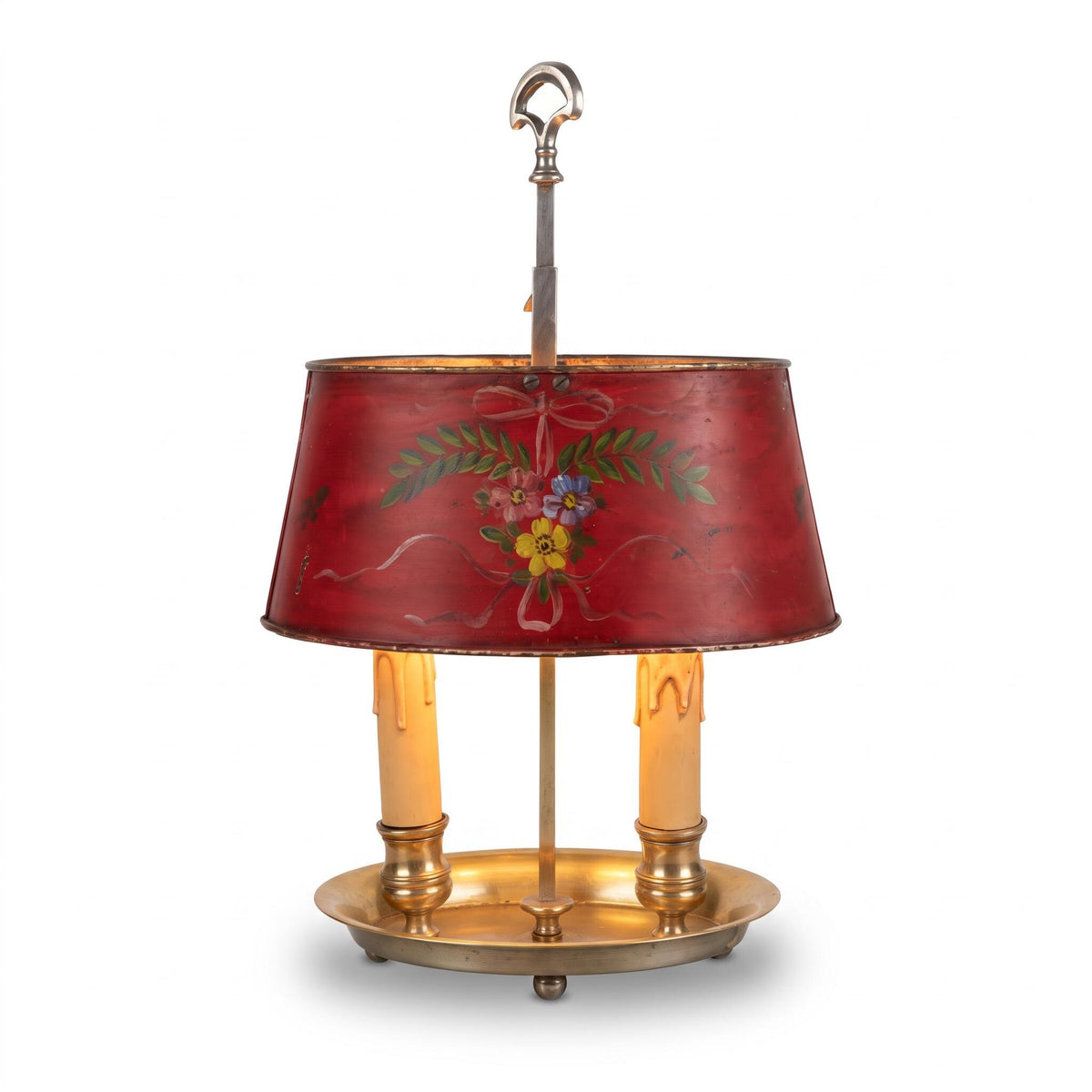 Antique Small Bouillotte Two-Light Lamp with Brass-Tone Dished Base and Painted Red Tôle Shade with Flowers and Ribbons