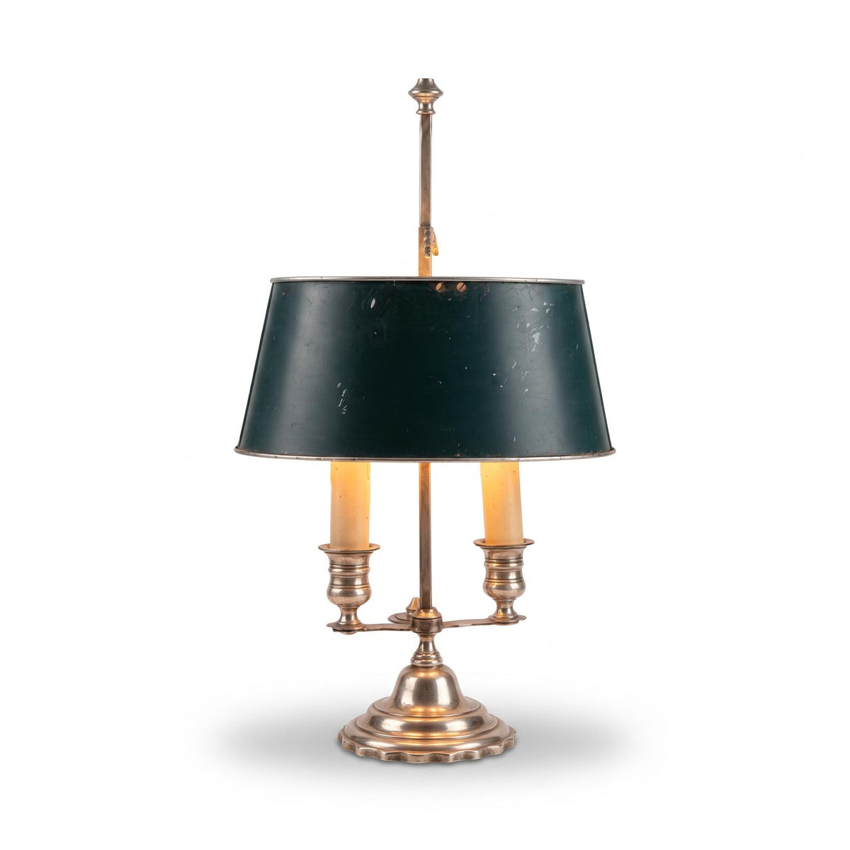 Antique French Two-Light Bouillotte Lamp, Silver-Plated Bronze, Dark Green Tole Shade, Scalloped Base, 46 cm