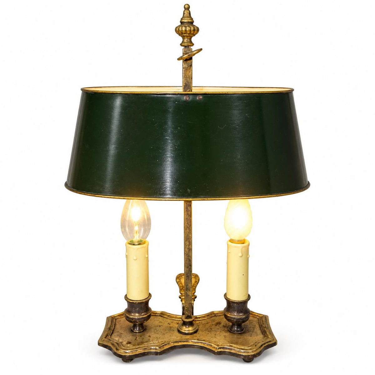 Vintage Bouillotte Two-Light Lamp with Shaped Silver-Tone Base and Dark Green Tôle Shade