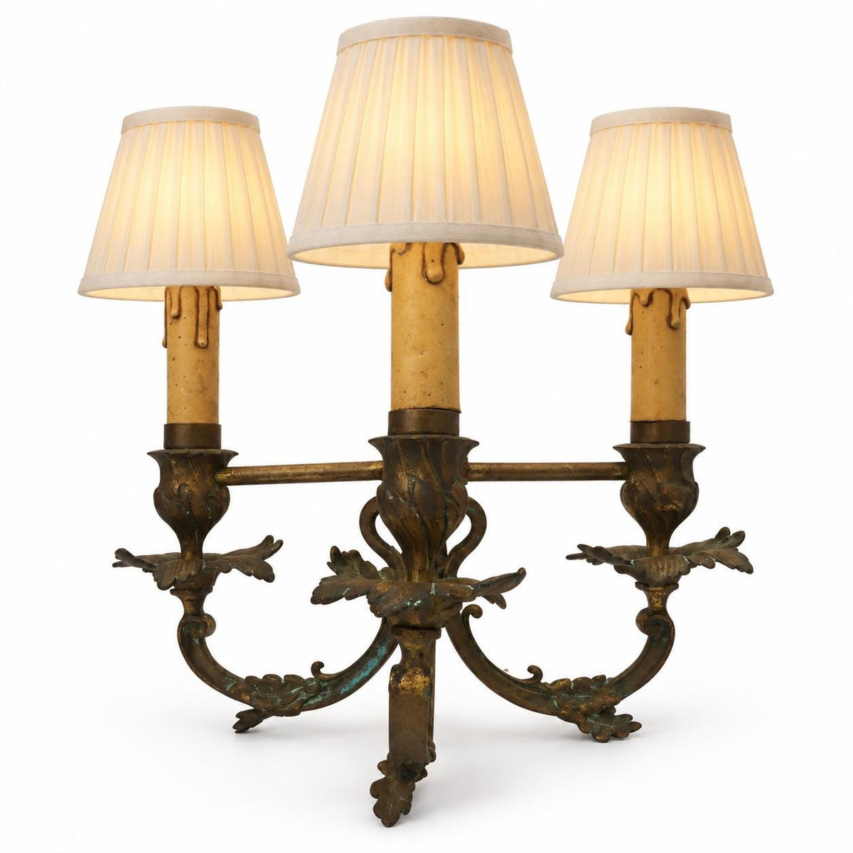 Antique Bronze Three-Arm Wall Sconce, Oak Leaf and Acorn Decor, Louis XVI Style, Aged Candle Sleeves