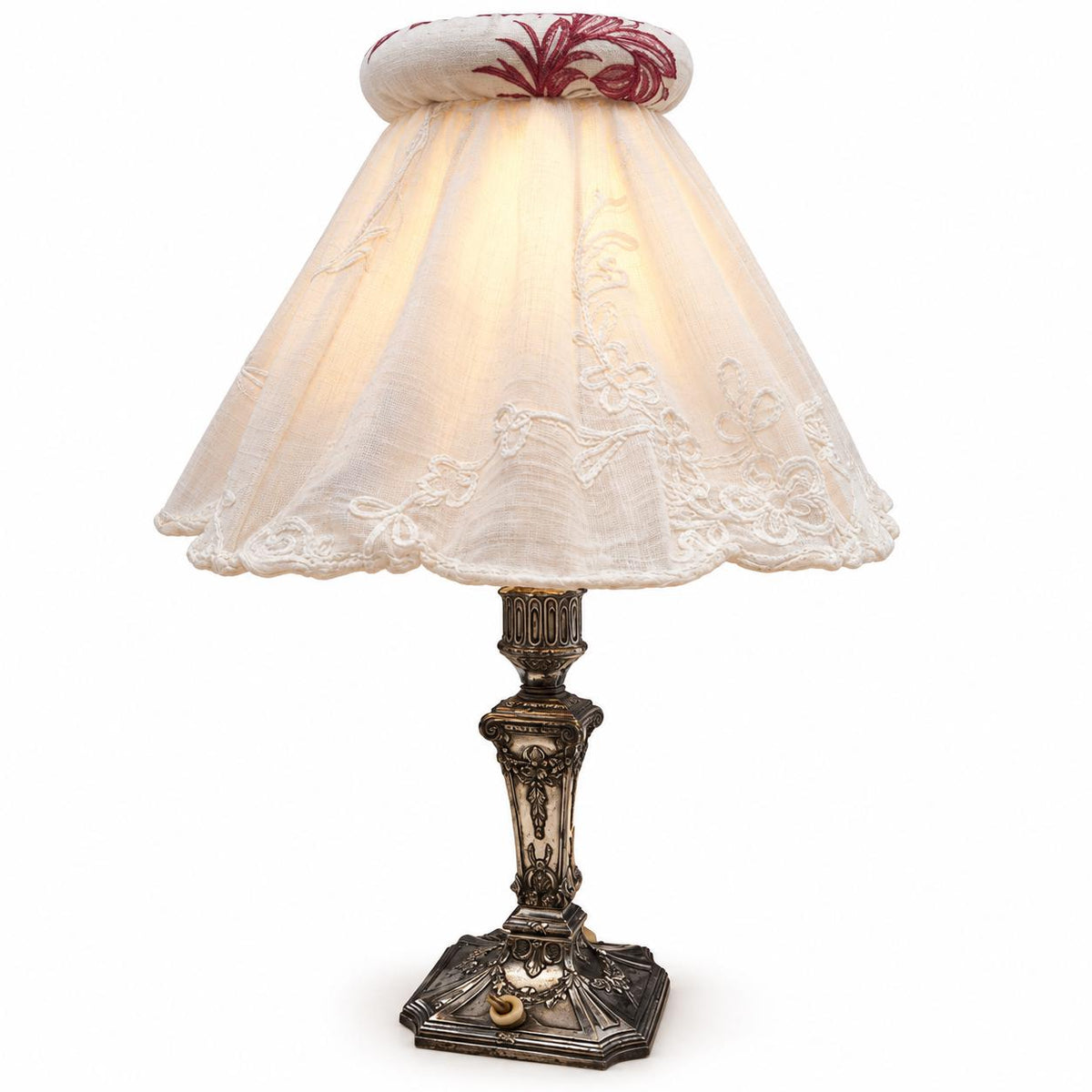 Vintage Louis XVI Style Silver-Tone Candlestick Lamp with Ribbon Garlands and Embroidered White Shade