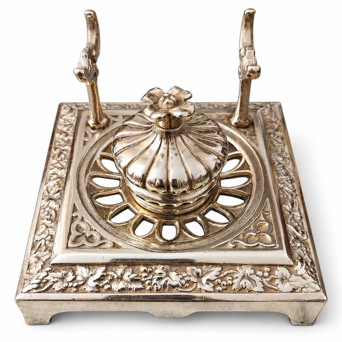 Vintage Gothic Revival Style Brass-Tone Square Desk Inkwell with Grapevine Border and Pen Rests