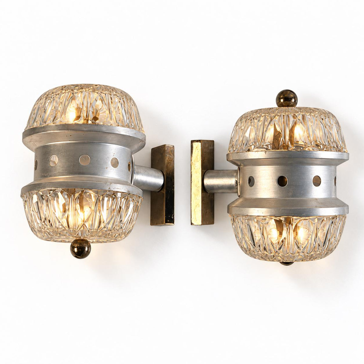 Vintage 1970s Pair of Small Aluminium-Tone and Moulded Glass Wall Sconces with Ball Finials