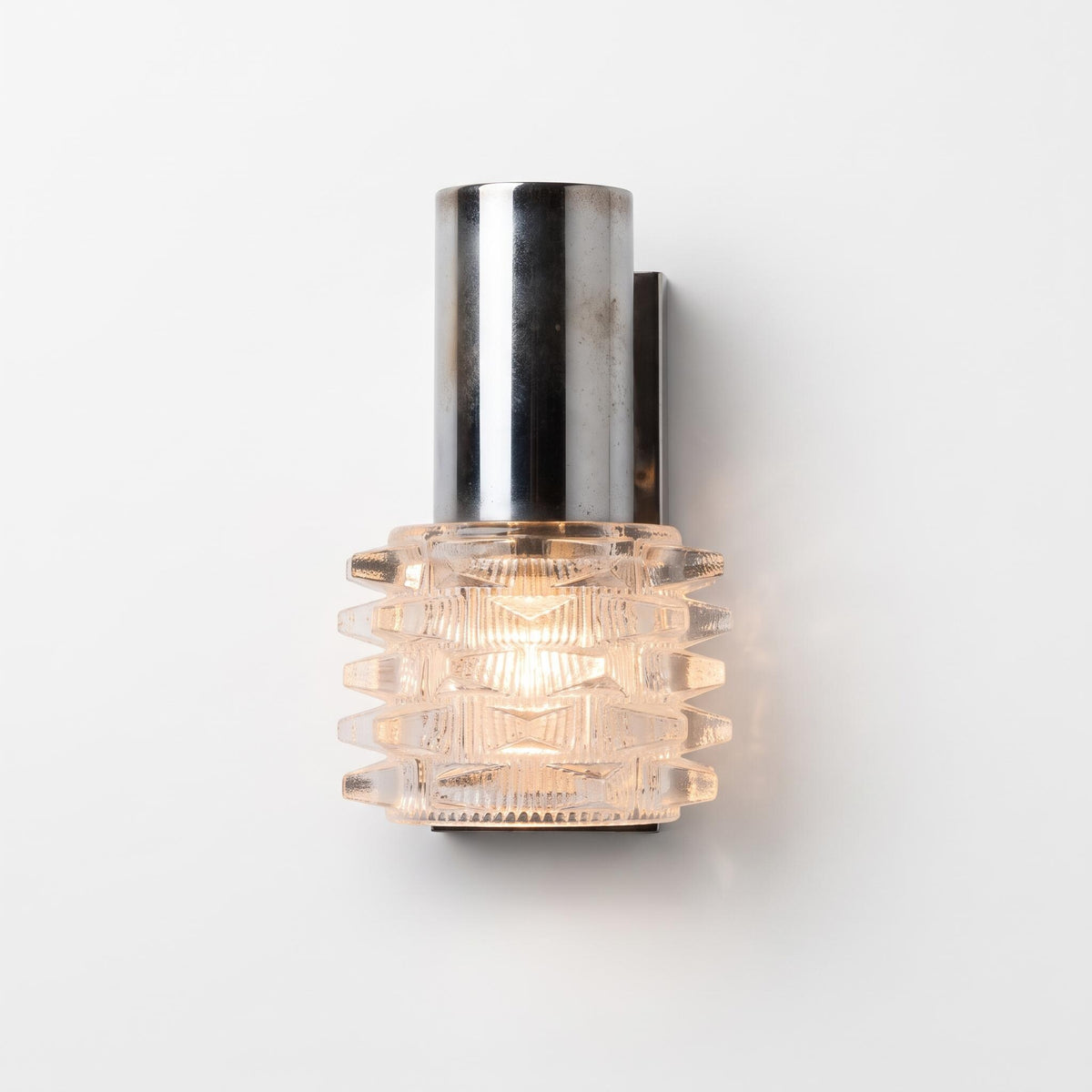 1970s Chrome and Ridged Clear Glass Wall Sconce, Cylindrical Housing, Single Vintage Wall Light