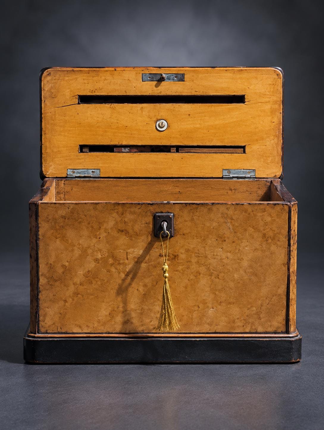 Correspondence Box with Bird's-Eye Figured Veneer and Black Mouldings, Working Lock and Key, Victorian Style Letter Box