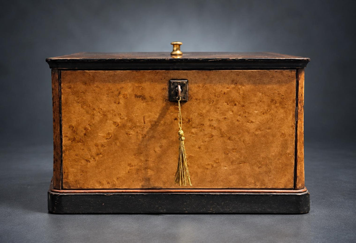 Correspondence Box with Bird's-Eye Figured Veneer and Black Mouldings, Working Lock and Key, Victorian Style Letter Box