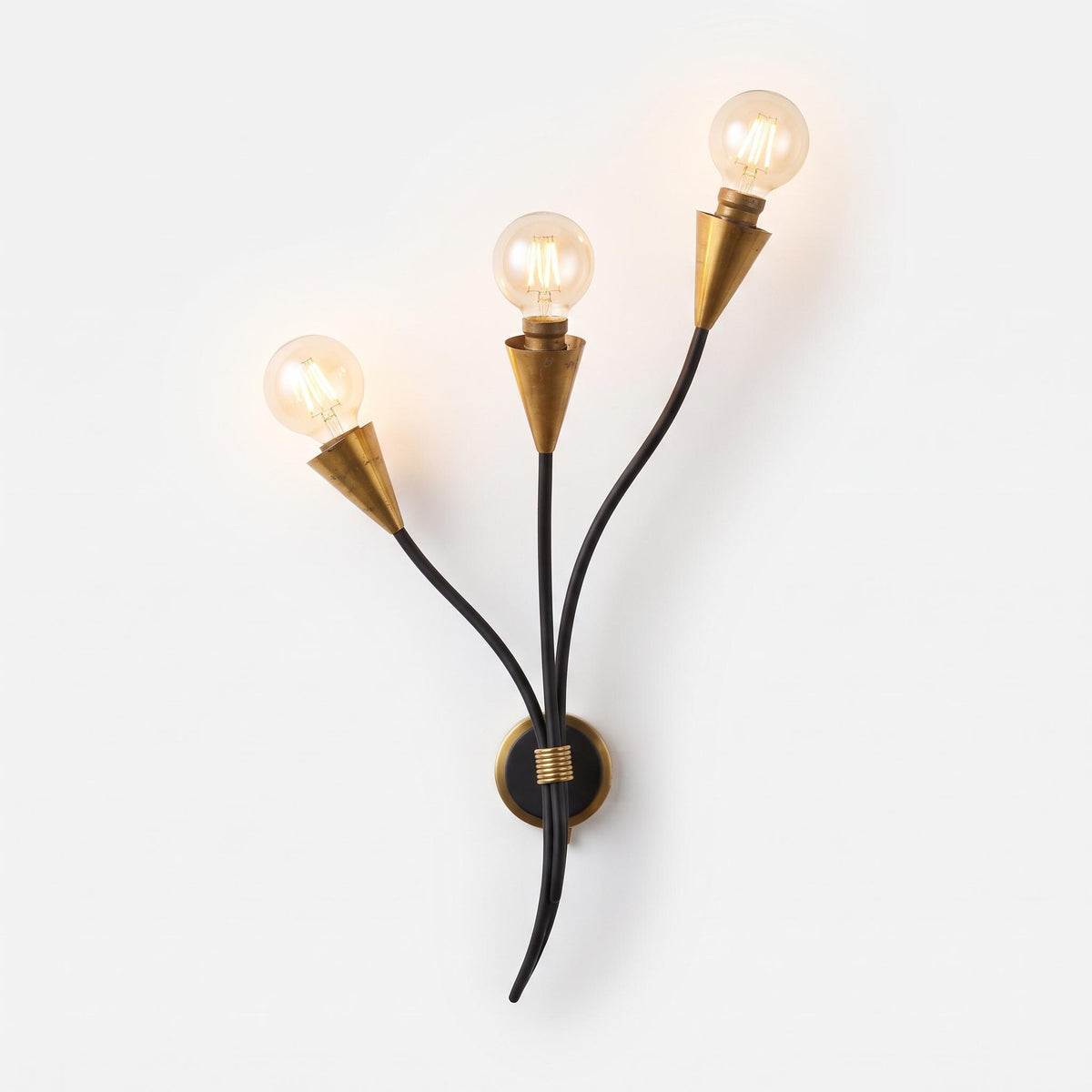 Vintage Three-Arm Wall Sconce, Black Branching Metal and Brass Cone Cups, Single Space Age Style Light