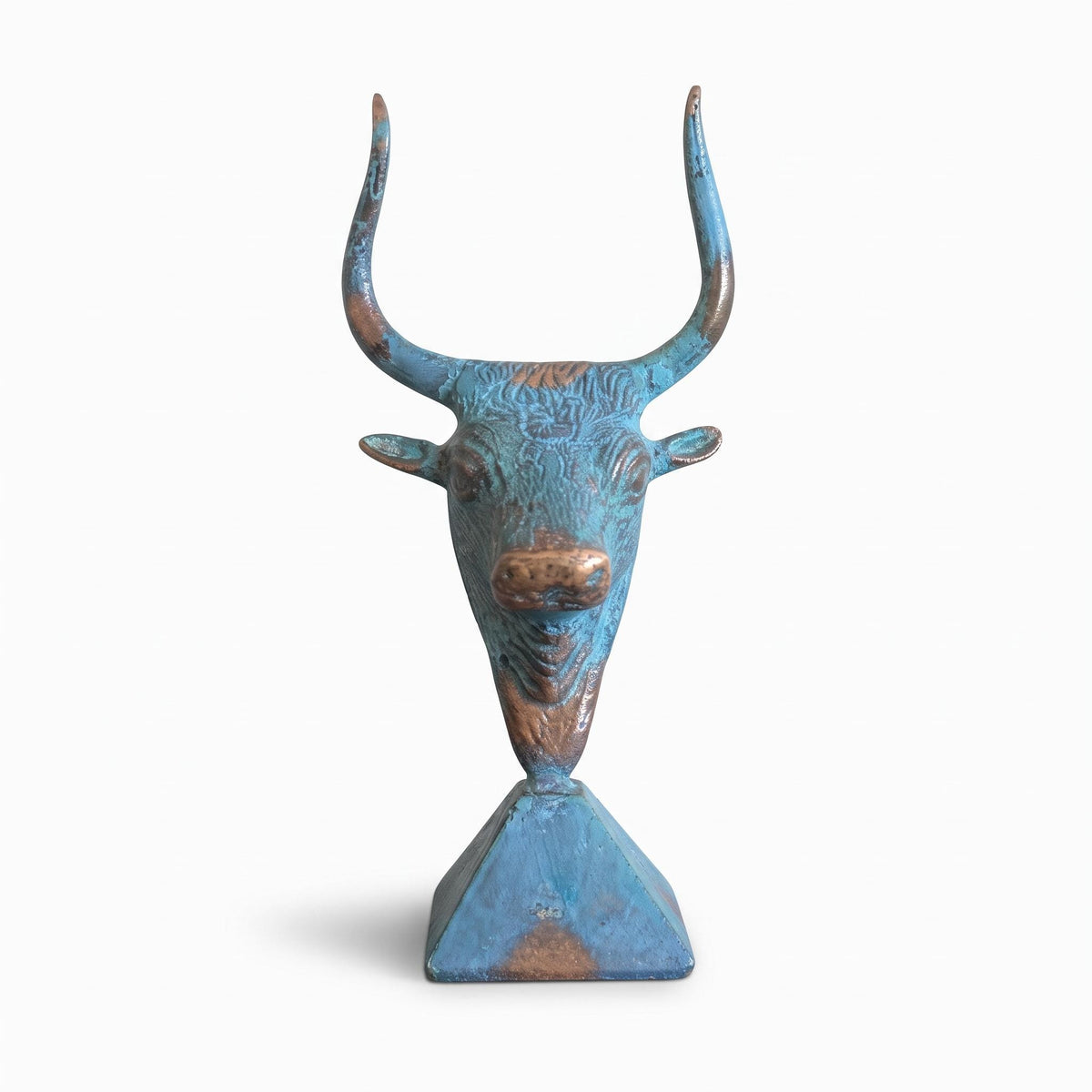 Vintage Minoan Style Bronze-Tone Bull's Head Sculpture with Blue-Green Patina on Pyramid Base