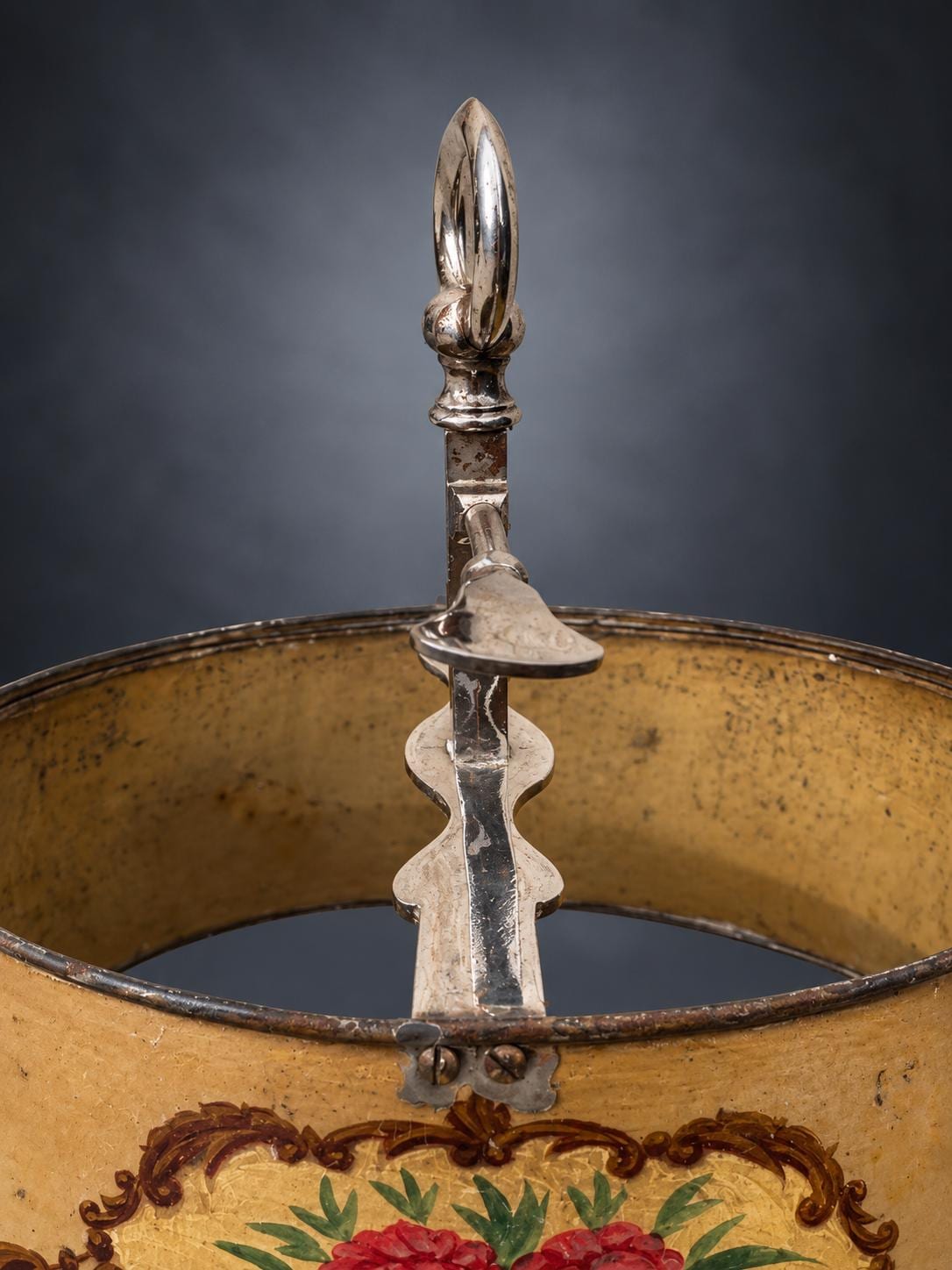 Two-Light Desk Lamp with Painted Metal Tôle Shade, Rose Urn Decoration, Silver-Tone Candle Arms, French Country Style