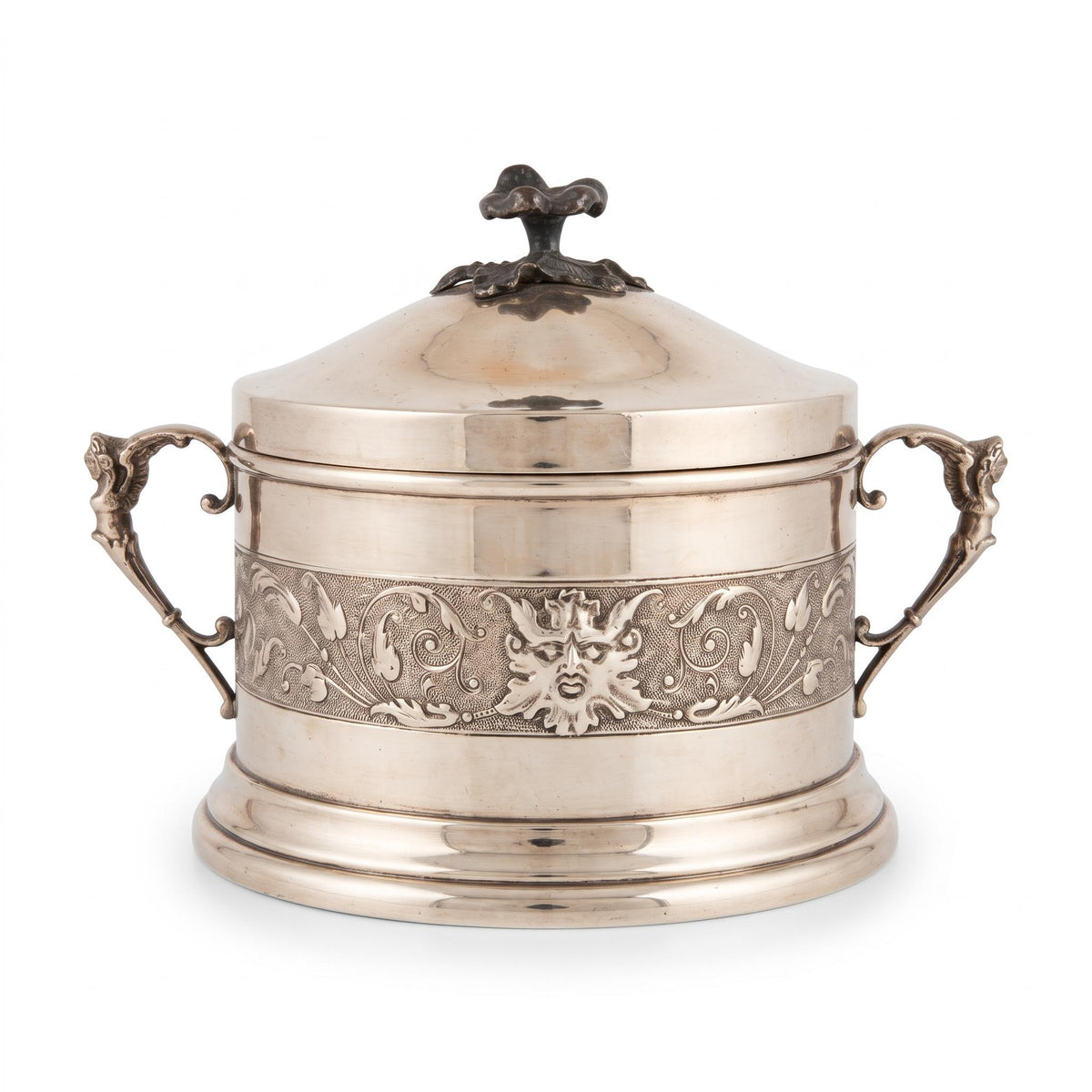 Lidded Bonbonnière in Silver-Tone Metal, Embossed Mask and Scroll Band, Figural Handles, Leaf Finial, Renaissance Revival Style
