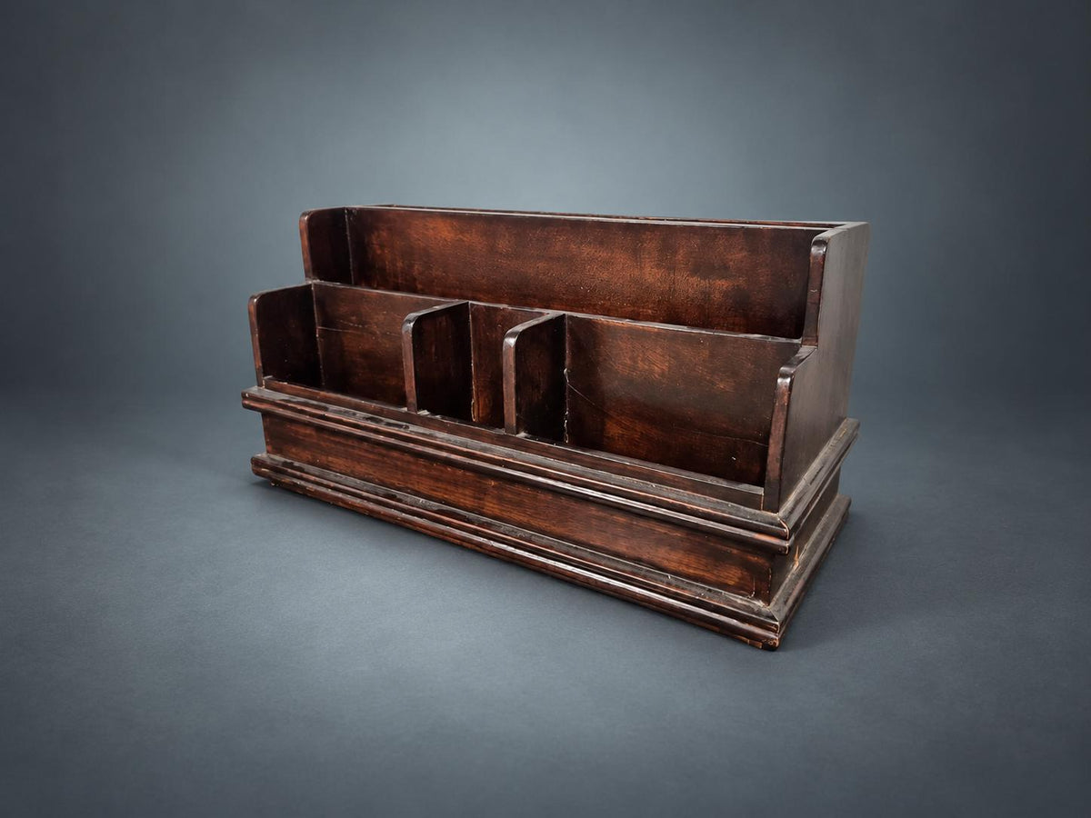 Tiered Wooden Letter Rack in Dark Mahogany-Tone Finish, Four Slots, Moulded Base, Desk Organizer