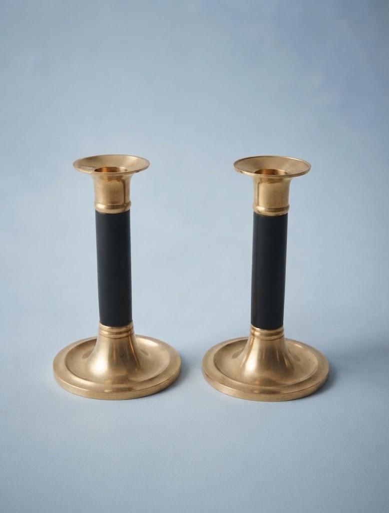Vintage Pair of Brass-Tone Candlesticks with Black Wood Stems