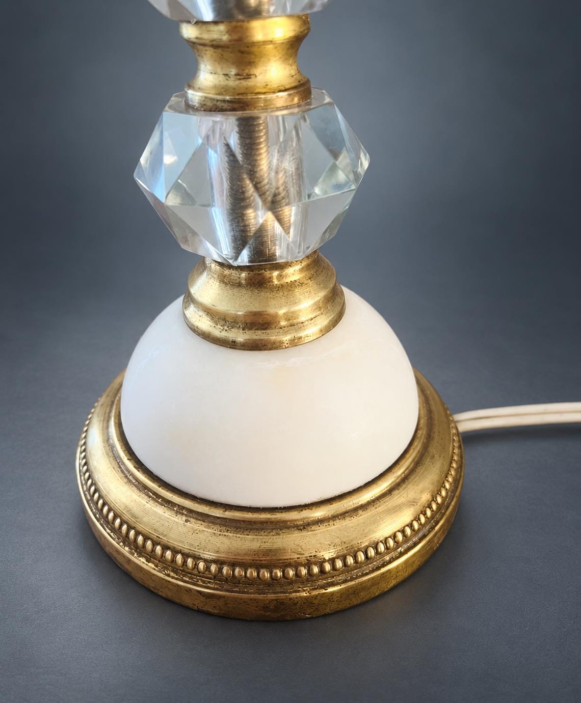 Table Lamp with Faceted Glass Balls, Frosted Glass Cone Shade, Gold-Tone Beaded Base and White Dome, Mid-Century Style