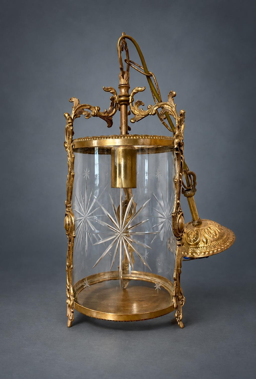 Napoleon III Style Hall Lantern, Star-Cut Glass Cylinder in Gilt Metal Rococo Frame, Ceiling Canopy and Chain