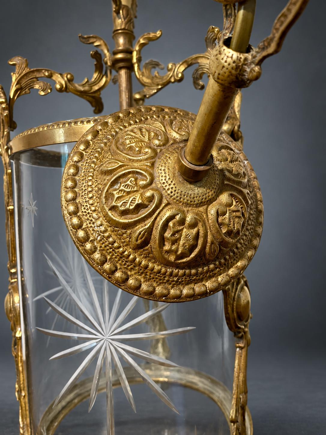 Napoleon III Style Hall Lantern, Star-Cut Glass Cylinder in Gilt Metal Rococo Frame, Ceiling Canopy and Chain