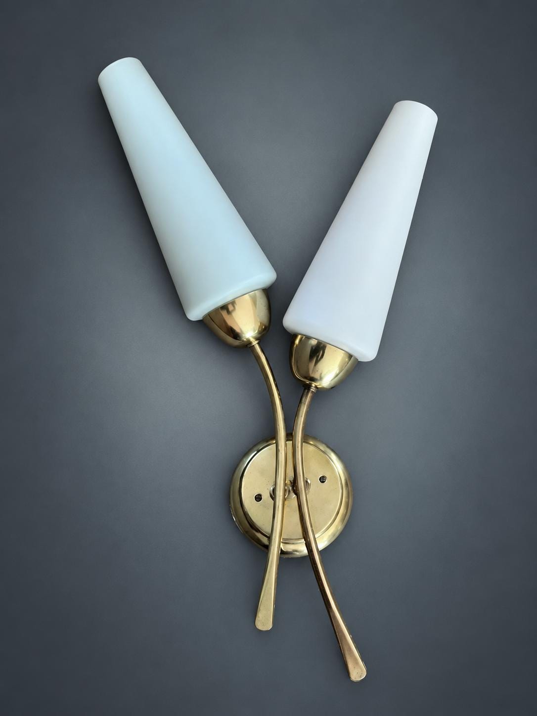 1960s Style Double Wall Sconce, Crossed Gold-Tone Arms, Milky White Glass Cone Shades, Mid-Century Wall Light