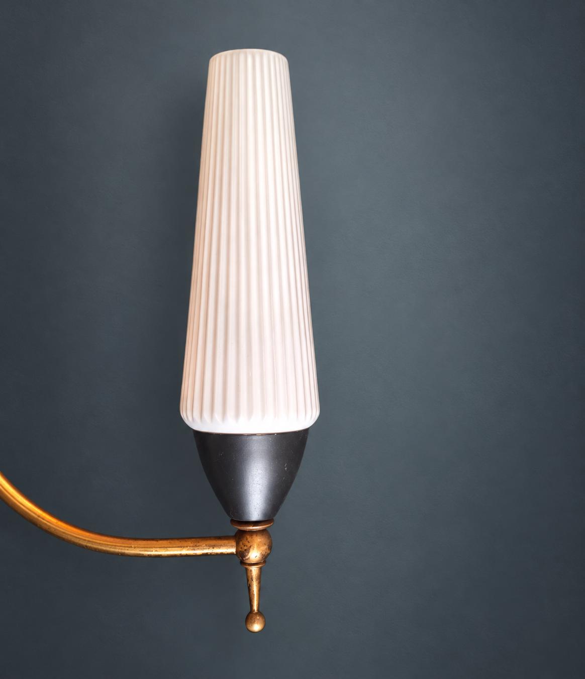 1950s Style Wall Sconce, Ribbed White Glass Shade, Curved Brass-Tone Arm with Ball Finials, Black Cup, Mid-Century Wall Light