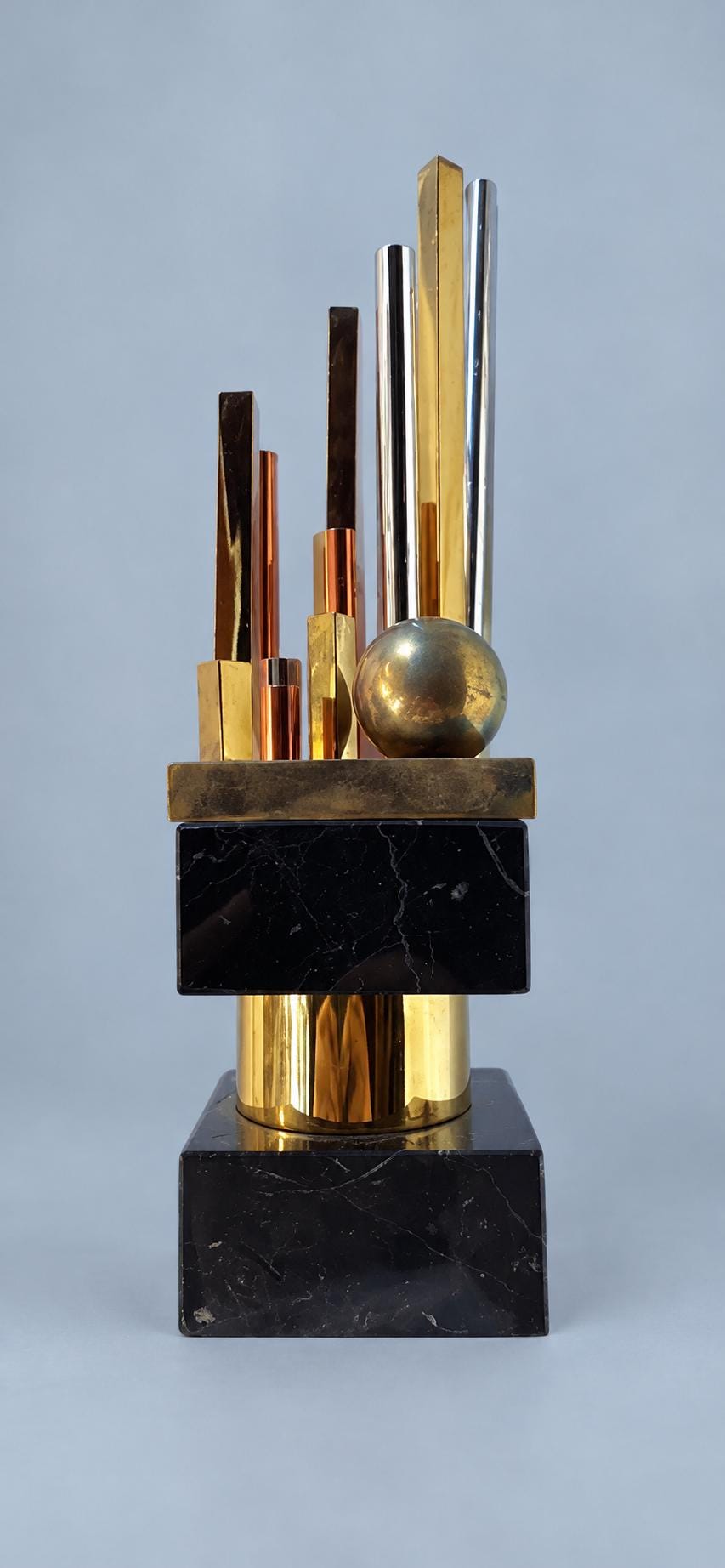 Vintage Geometric Modernist Desk Sculpture, Black Stone Blocks with Mixed Metal Rods, Trophy Style Skyline Form, 34 cm