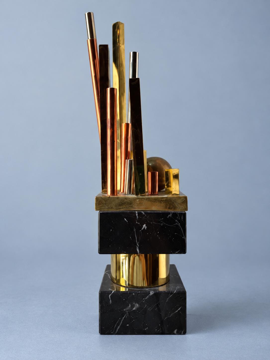 Vintage Geometric Modernist Desk Sculpture, Black Stone Blocks with Mixed Metal Rods, Trophy Style Skyline Form, 34 cm