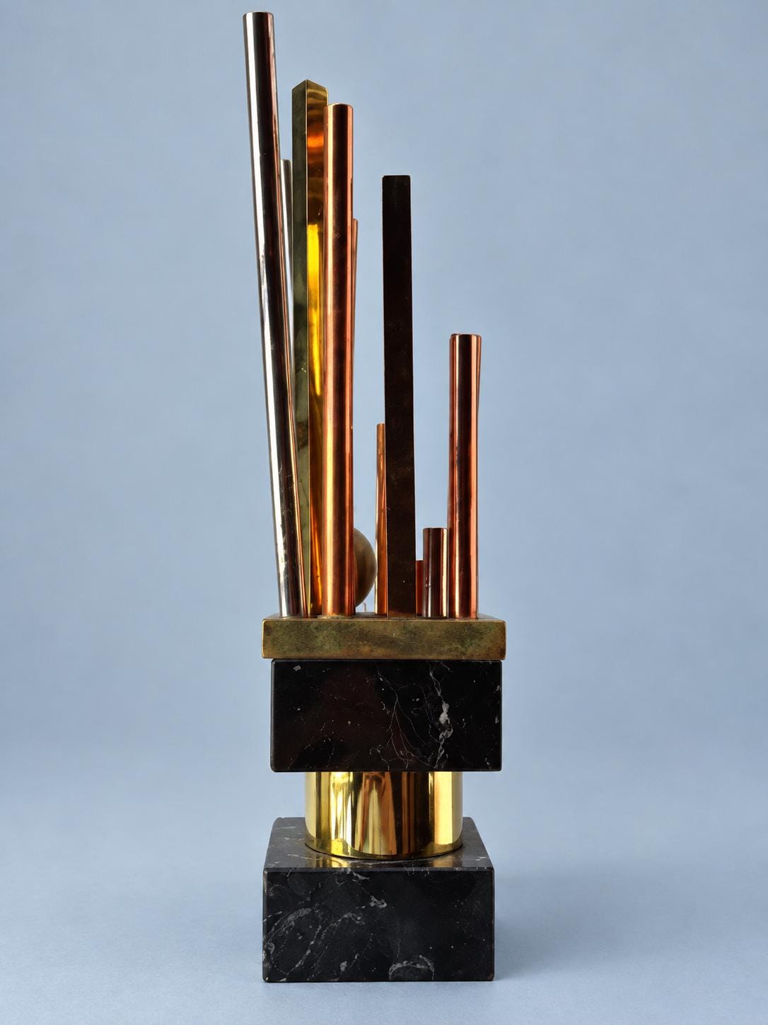 Vintage Geometric Modernist Desk Sculpture, Black Stone Blocks with Mixed Metal Rods, Trophy Style Skyline Form, 34 cm