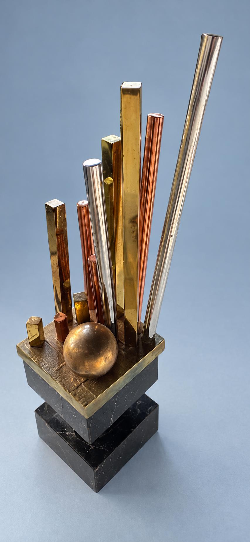 Vintage Geometric Modernist Desk Sculpture, Black Stone Blocks with Mixed Metal Rods, Trophy Style Skyline Form, 34 cm