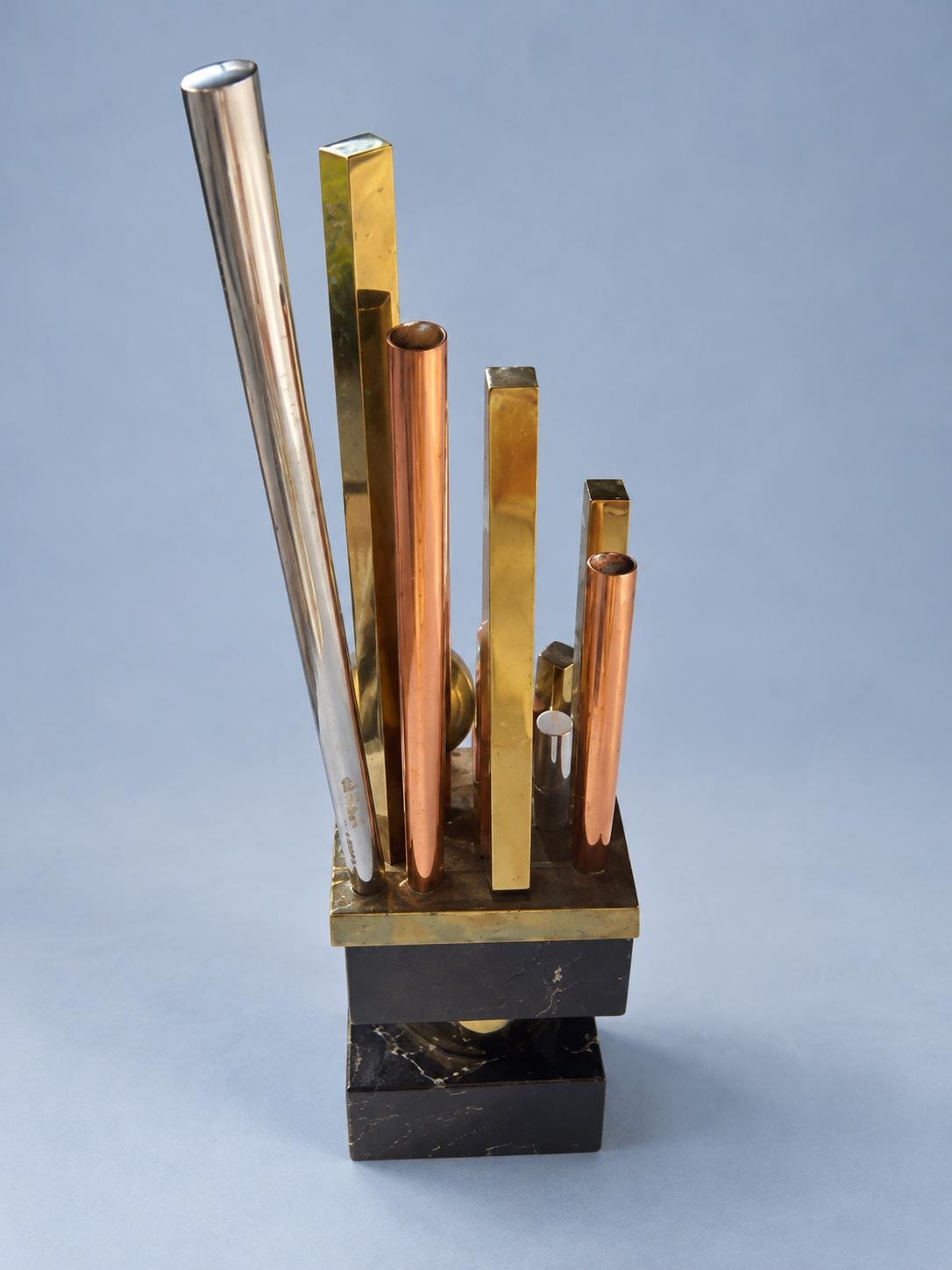 Vintage Geometric Modernist Desk Sculpture, Black Stone Blocks with Mixed Metal Rods, Trophy Style Skyline Form, 34 cm